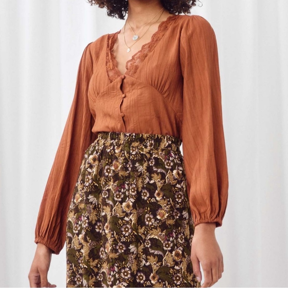 Hayden lace trimmed button up puff sleeve boho western peasant blouse top